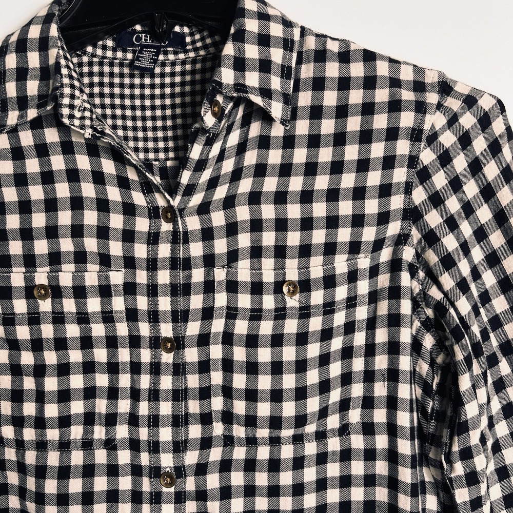 Chaps Womens Sm Black White Gingham Check Flannel Button Down Shirt 100% Cotton